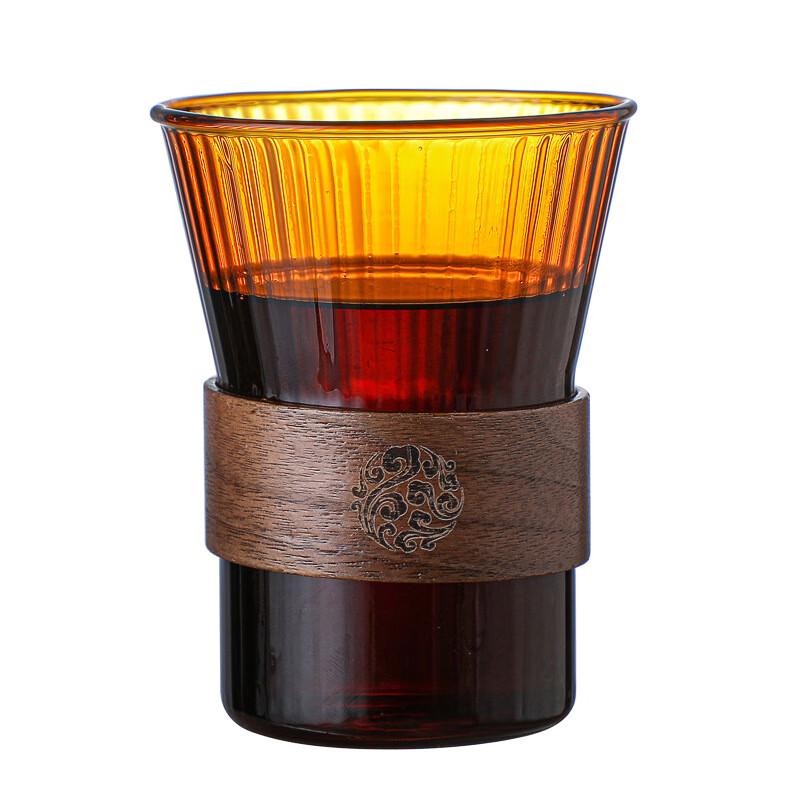 SX Amber Ribbed Glass Tea Cup with Wood Sleeve