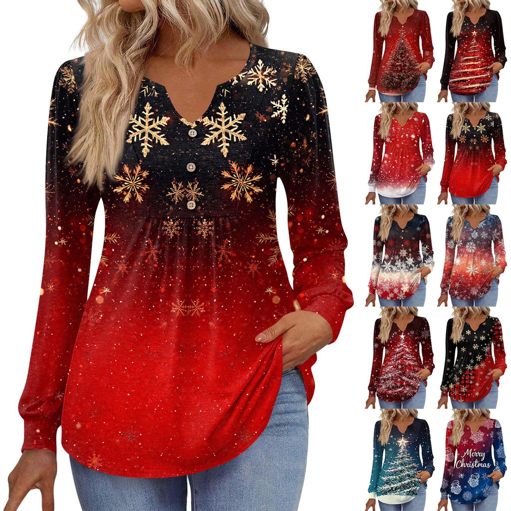 Women's Fashionable Casual V-neck Blouse Button Christmas Printed Long-sleeved Pullover T-shirt Top