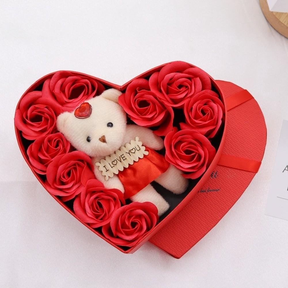 Romantic Flower Bouquet Gift Box with Cute Bear Versatile 10 Artificial Flowers Elegant Valentines Day Gift