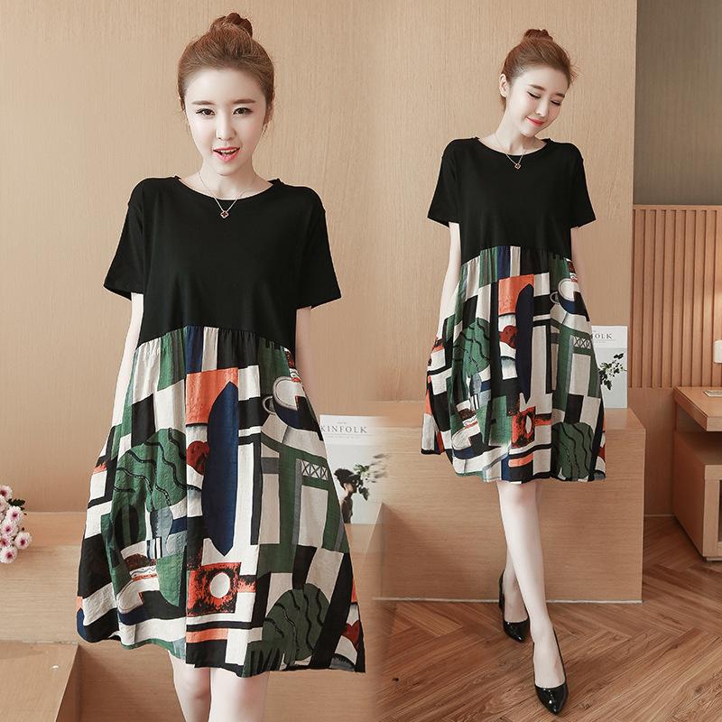 Women Summer Fashion Printing Splice Loose Short Sleeve A-line Dress