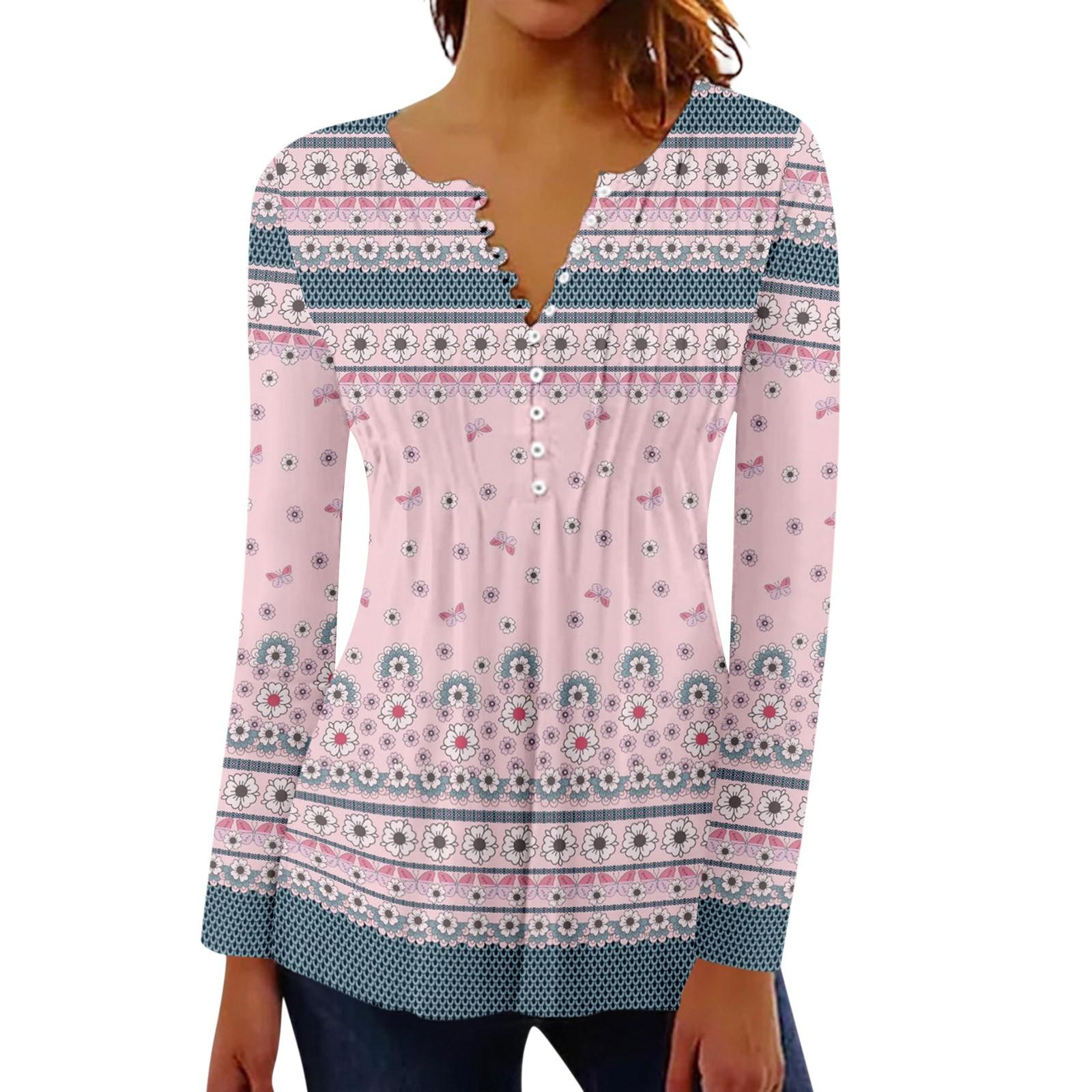 

Women s Pleated Button Retro Floral Print Top XL рожевий