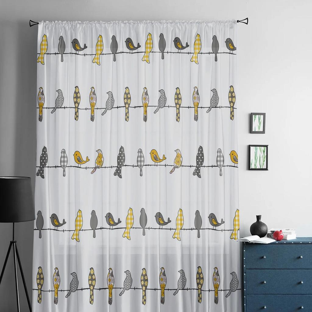 Bird Plaid Flower Yellow Orange Sheer Curtains For Living Room Bedroom Home Decor Kitchen Tulle For Windows Voile Drapes