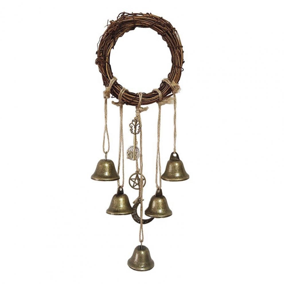 Witch Wind Chime Witch Bell Decoration Handmade Brass Bell Witchcraft Door Hanger Wicca Wind Chime Decoration Rattan