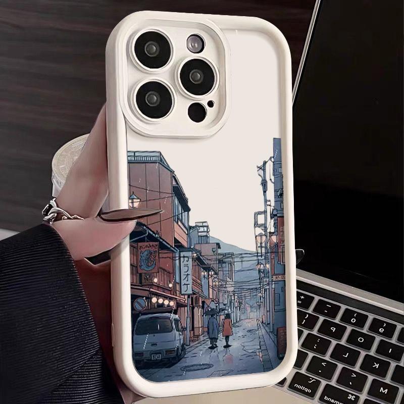 Rainy Night Streetscape Pattern Shockproof Case For iPhone 16 15 Plus 14 Pro Max 13 12 11 XS XR 8 Lens Protection TPU Soft Matte Silicone Phone Cover