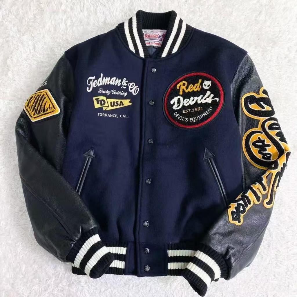 Tide Brand AC Milan Embroidered Leather-Sleeve Versatile Baseball Jacket