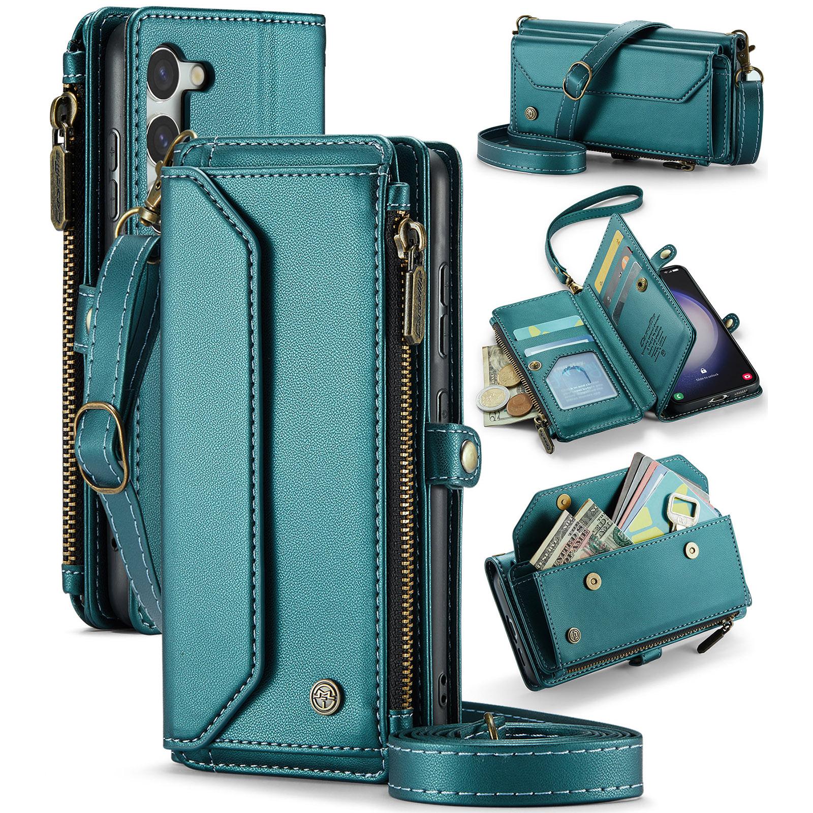 

For Samsung Galaxy S23 Leather Case CASEME C36 Zipper Multiple Card Slots Phone Cover with Straps Green