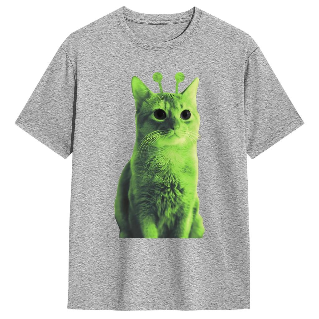 T-shirt Meme Chat Alien Vert Été Coton T-shirts Pour Unisexe Mode Décontracté T-shirt Manches Courtes Streetwear T-shirts