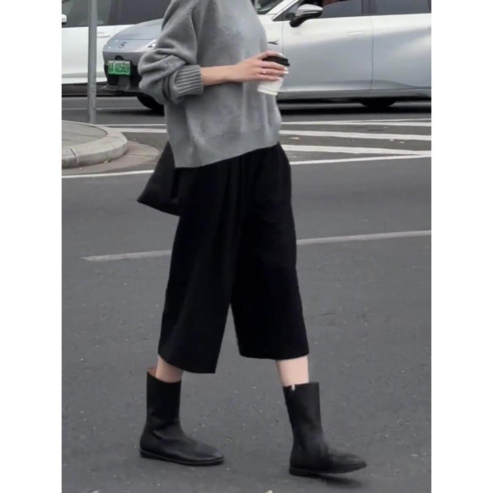 

Women s Black Woolen Wide-Leg Drawstring Pants - Loose Fit, Thickened for Spring/Autumn 2025. XL: 120-135 lbs чёрный