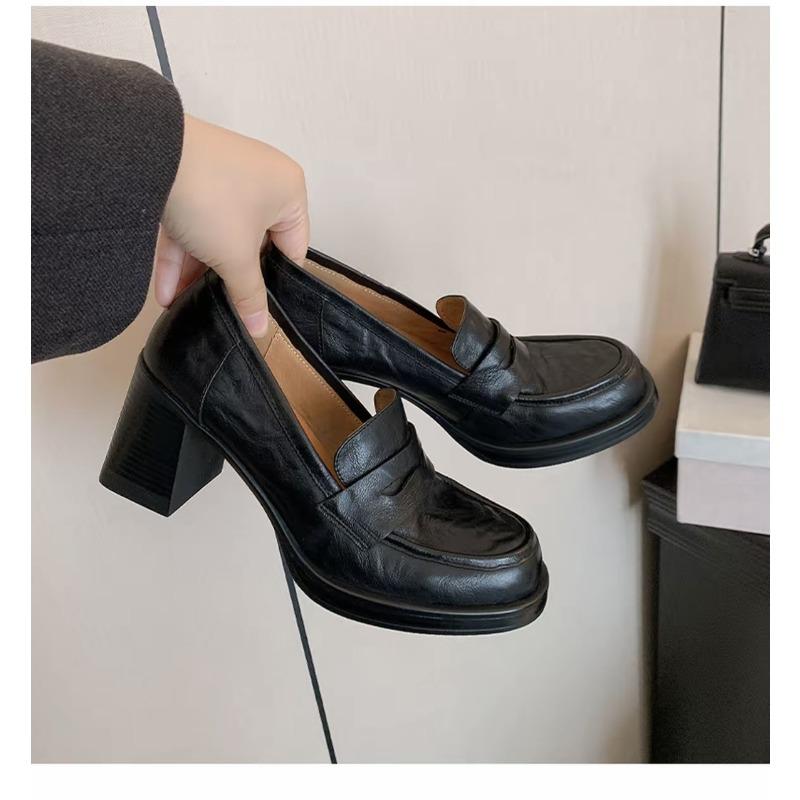 Autumn new high-heeled cowhide version cm thick-heeled cowhide version one-pedal lazy loafer single shoes women s small leather shoes 34