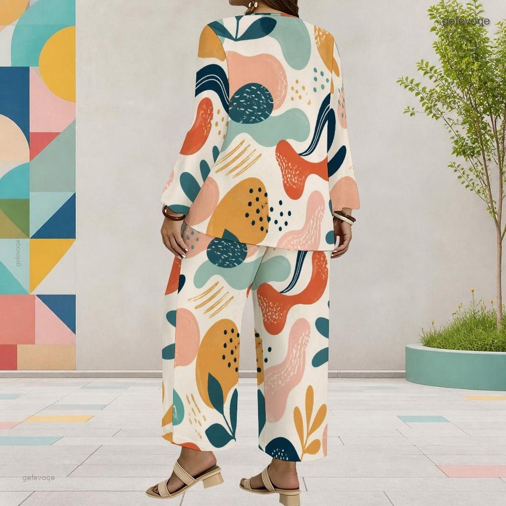Women Plus Size Printed Round Neck Long Sleeve Layered Top Wide Leg Cropped Pants Two Piece Set