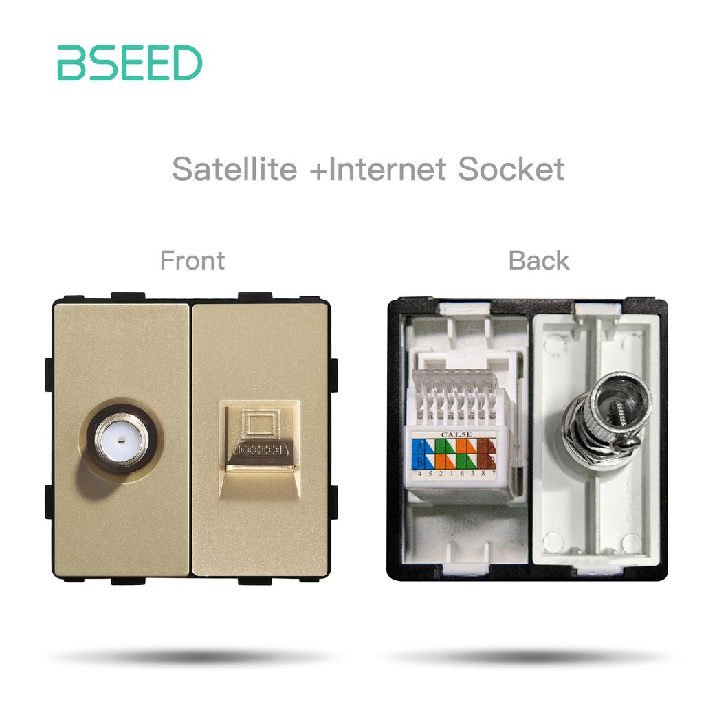 BSEED DIY EU Standard TV Satellite USB Sockets Button Switches With Crystal Glass Frame Panel Gold Home Improvement DIY Free