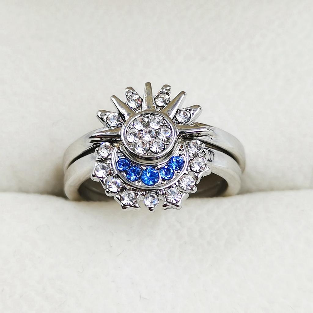 Celestial Blue Sparkling Moon Sun Star Crystal Ring for Women Fashion Elegant Stackable Finger Band Party Jewelry Gifts