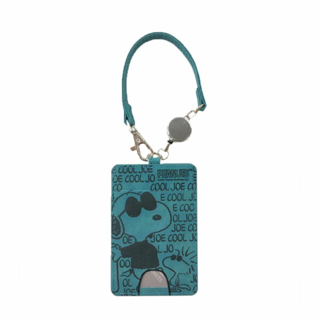 SNOOPY Pass Case with Reel Stylish Faux Cute Embossed Joe Cool IC Card Case Strap, Leather, Design, Blue,