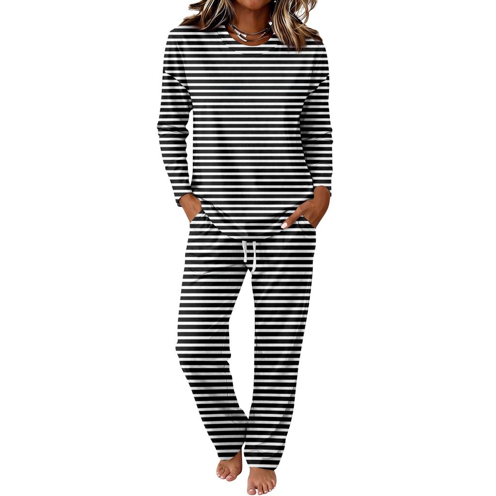 Women's Round Neck Long Sleeve Pajama Set with Drawstring Wide Leg Pants for Sleepwear Loungewear