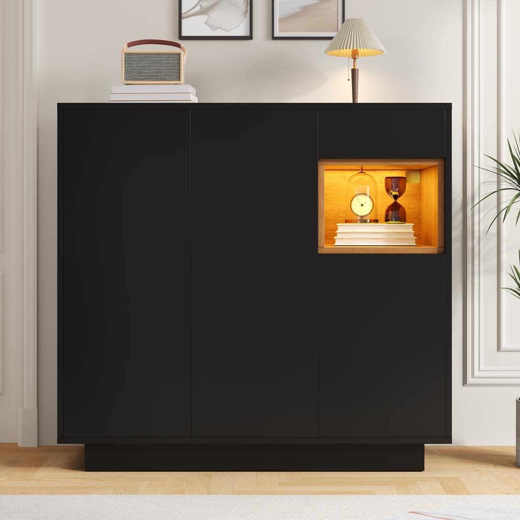 Shoe Cabinet with One Drawer and Adjustable Shelves In Black and Wood Is Perfect for Modern Hallways. It Offers Space for 14–18 Pairs of Shoes.