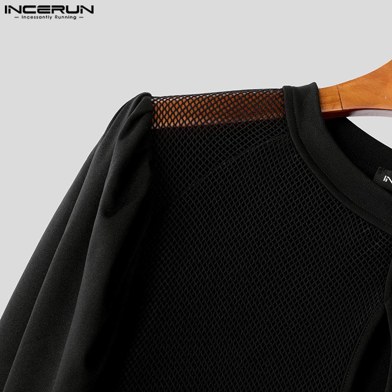 INCERUN Men Long Puff Sleeve Mesh Sheer Patchwork Crop Tops T-Shirts