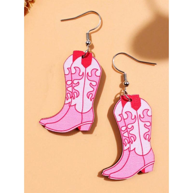 1 Pair Western Cowgirl Style Versatile Pink Acrylic Wavy Cowboy Boot Drop Earrings, Suitable For Women Party And Everyday Wear