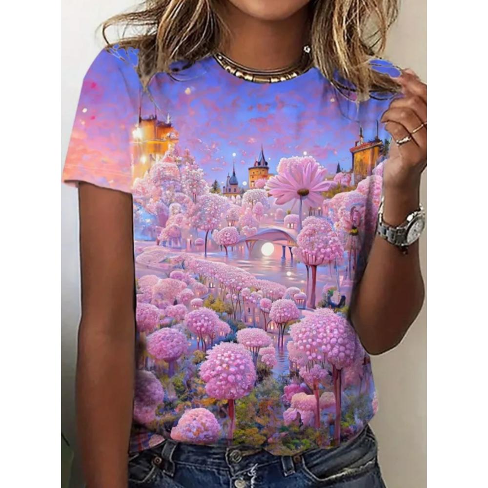 Summer Women T-shirt Creative Flower 3D Printed Short Sleeved T-shirt Fashionable Comfortable Soft Breathable Large Loose T-shirt