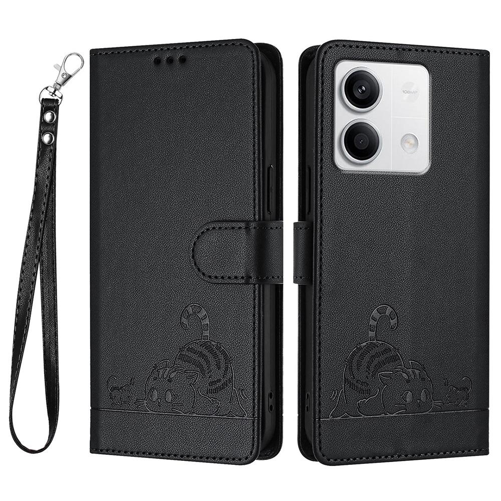For Xiaomi Redmi Note 13 5G/Note 13 5G (China) Case with Strap RFID Blocking Leather Wallet Phone Cover Cat Mouse Pattern - Black