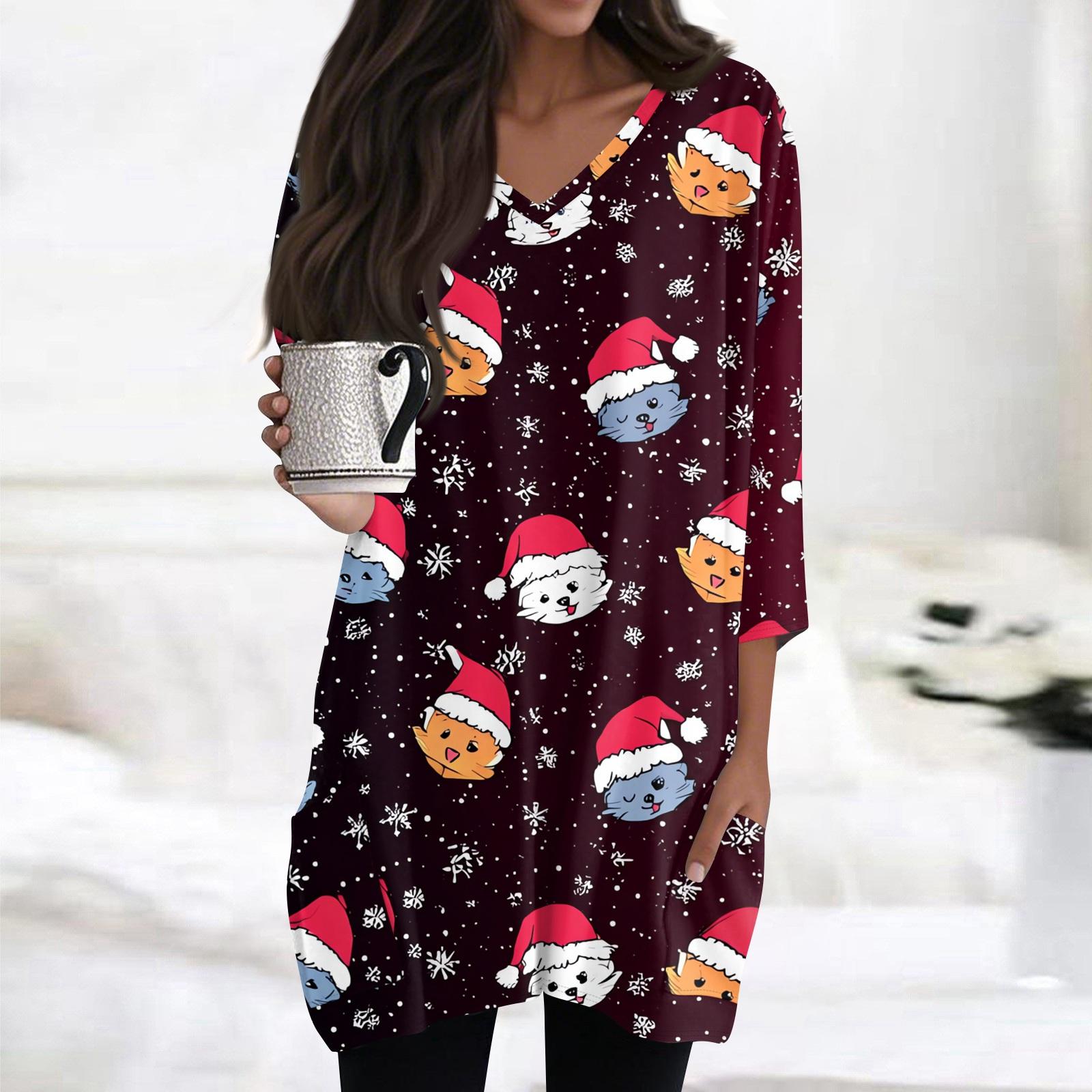 

Женские топы с V-образным вырезом и рукавом 3/4, повседневные блузки средней длины, модные туники с рождественским принтом и карманами S