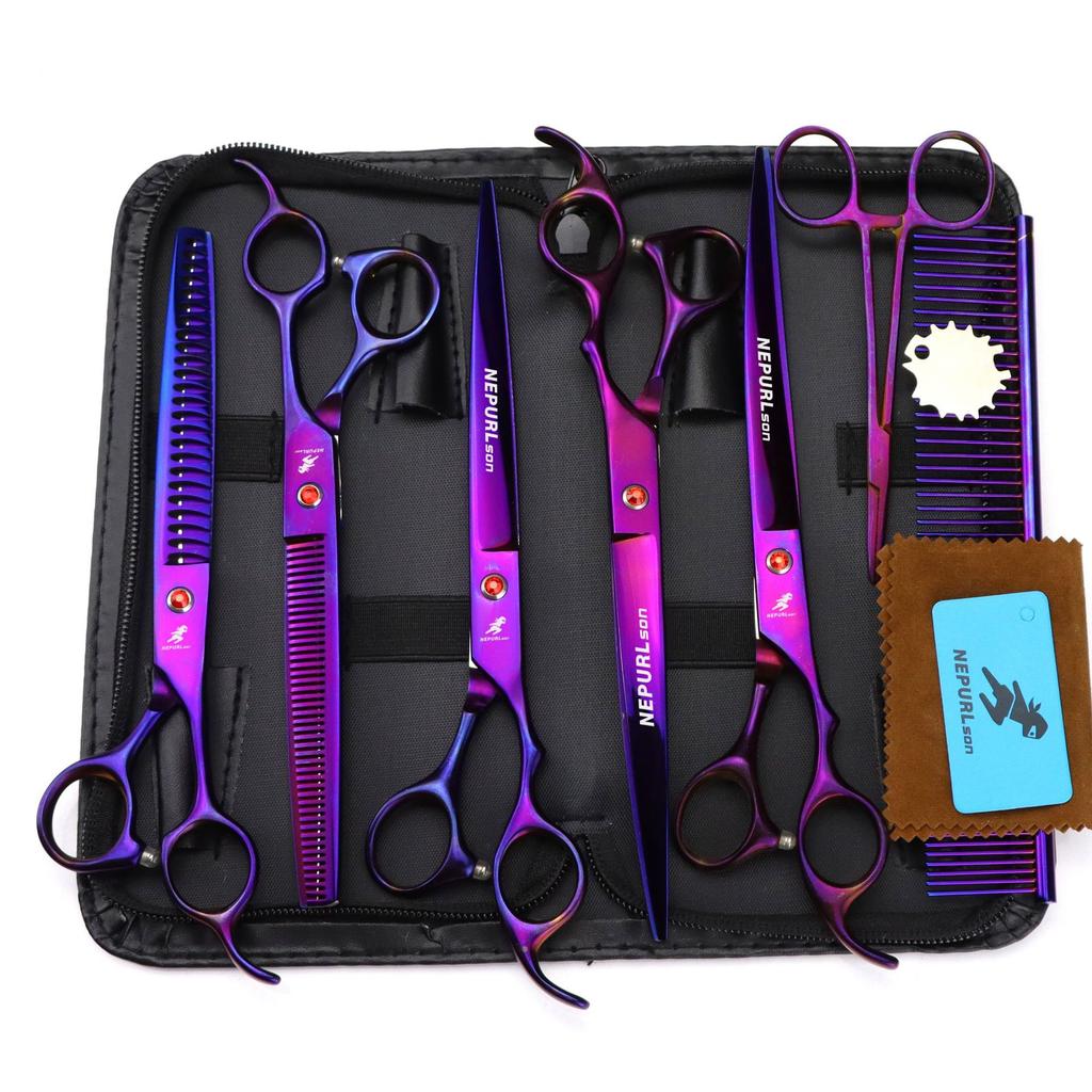 8.0 Inch Nimpson Purple 5-Pack, High-End Pet Grooming Scissors, Straight Scissors, Curved Scissors Pet Set