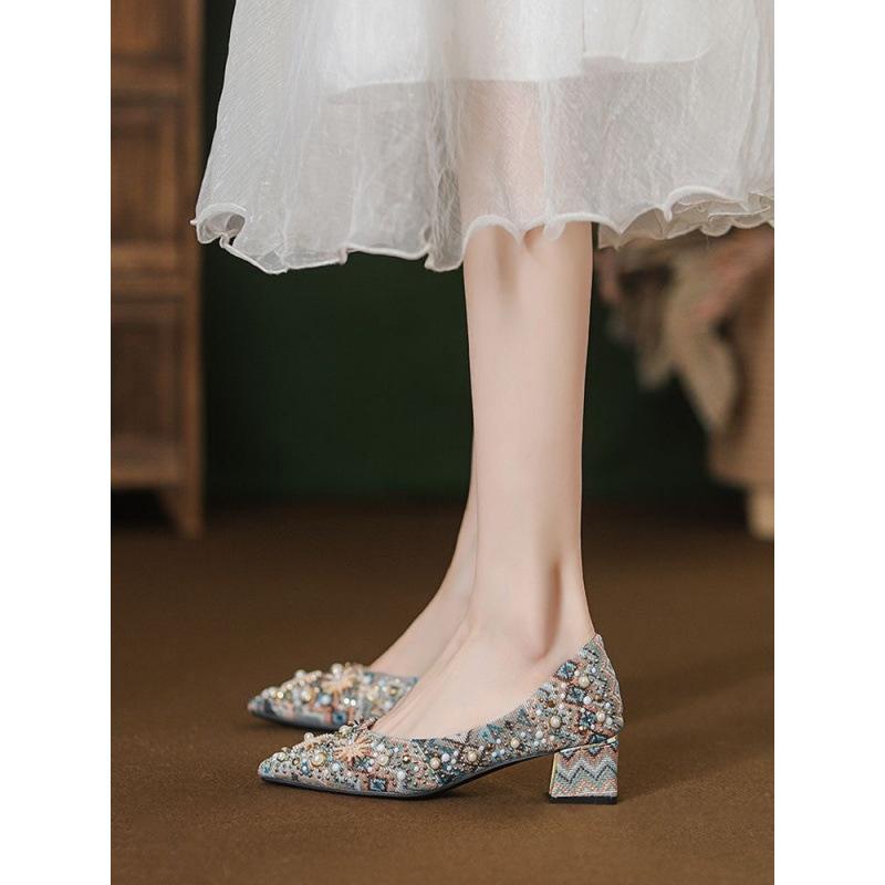 thick heel pointed French light mouth with skirt single shoes women's 2025 new four-season breathable evening shoes women's shoes non-slip
