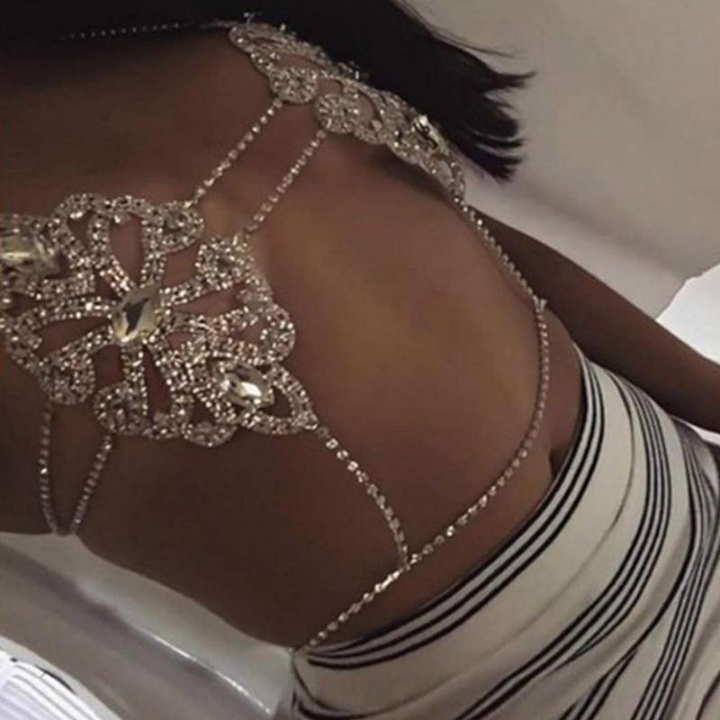 Women's Body Belly Chain Silver Bra Jewelry Sexy Necklace Bikini Sexy Hollowed Out Chest Chain for Beach Party Women