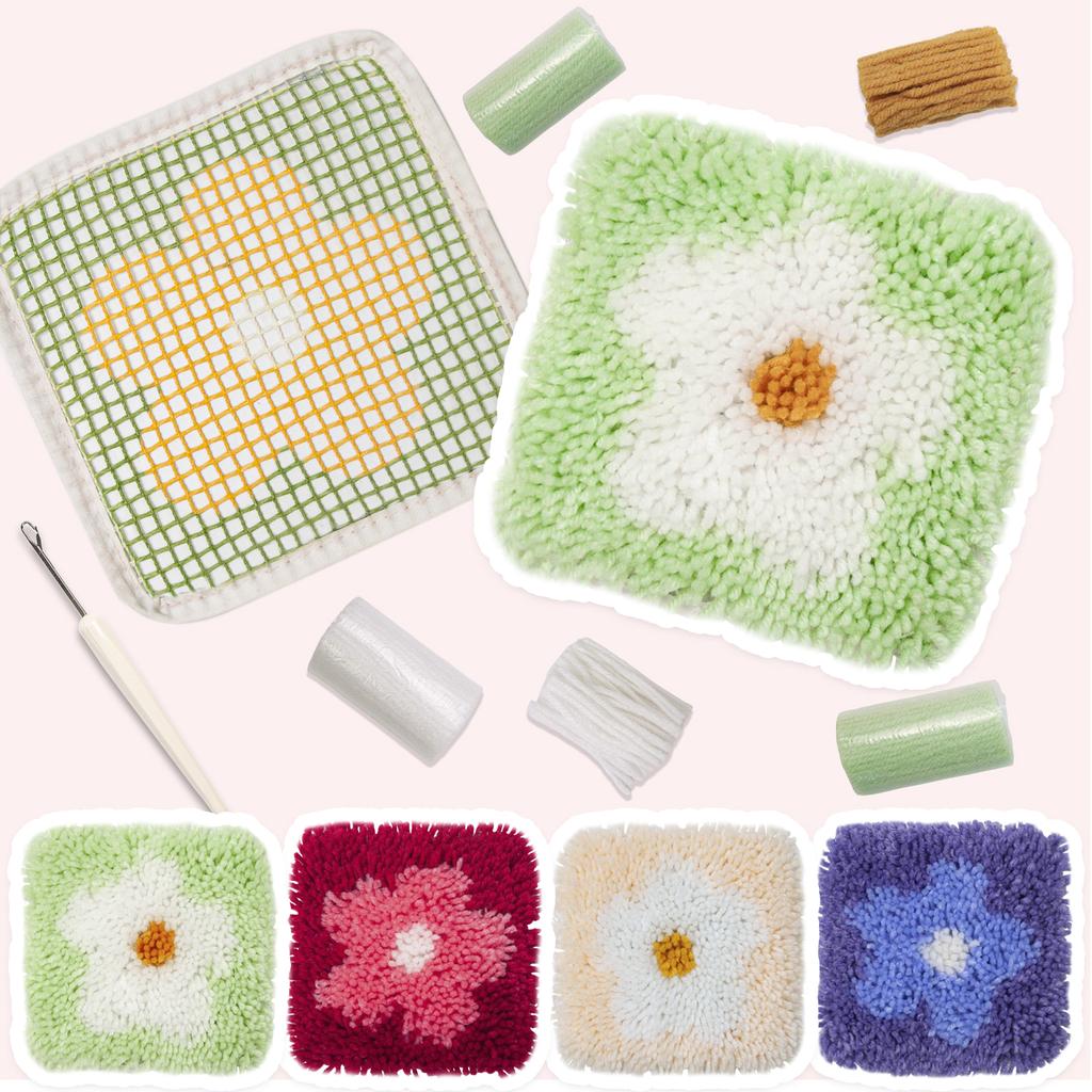 Latch Hook Kits for Coasters: 4 Floral Designs W/ Pre-Cut Yarn & Canvas