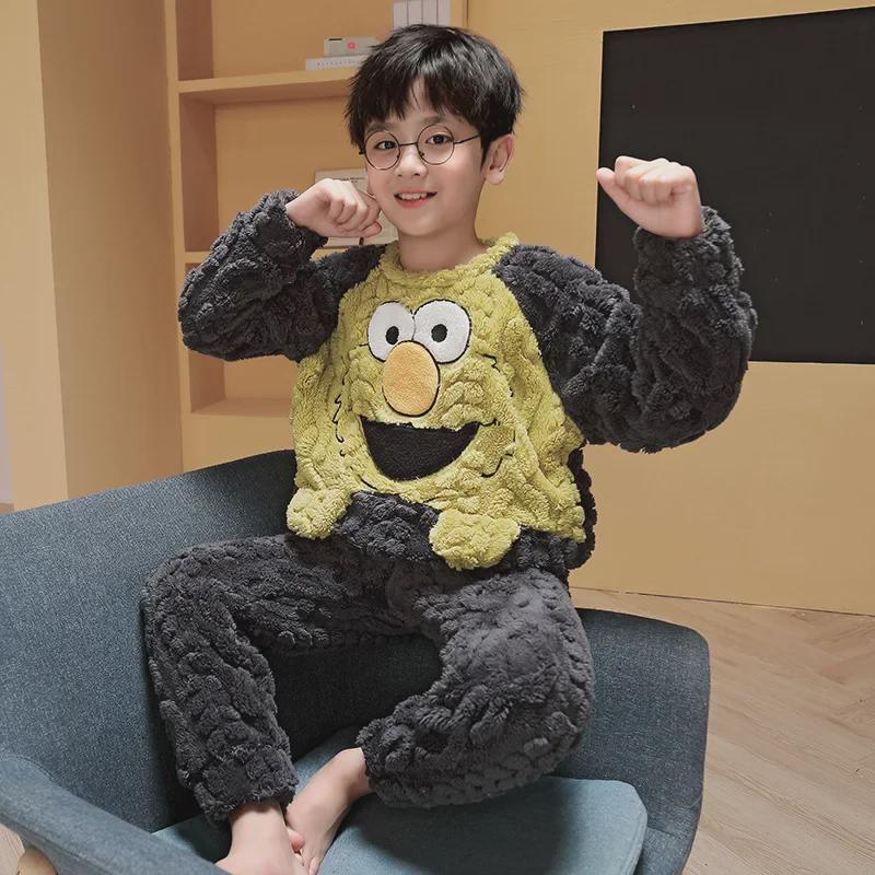 Kids' Cute Cartoon Jacquard Coral Fleece Pajamas – Warm Winter Home Wear for Boys