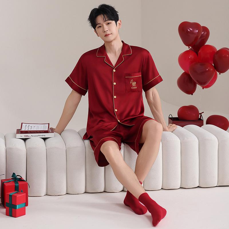 Spring and summer pajamas wedding couple suit ice silk short-sleeved shorts red natal year festive loungewear women