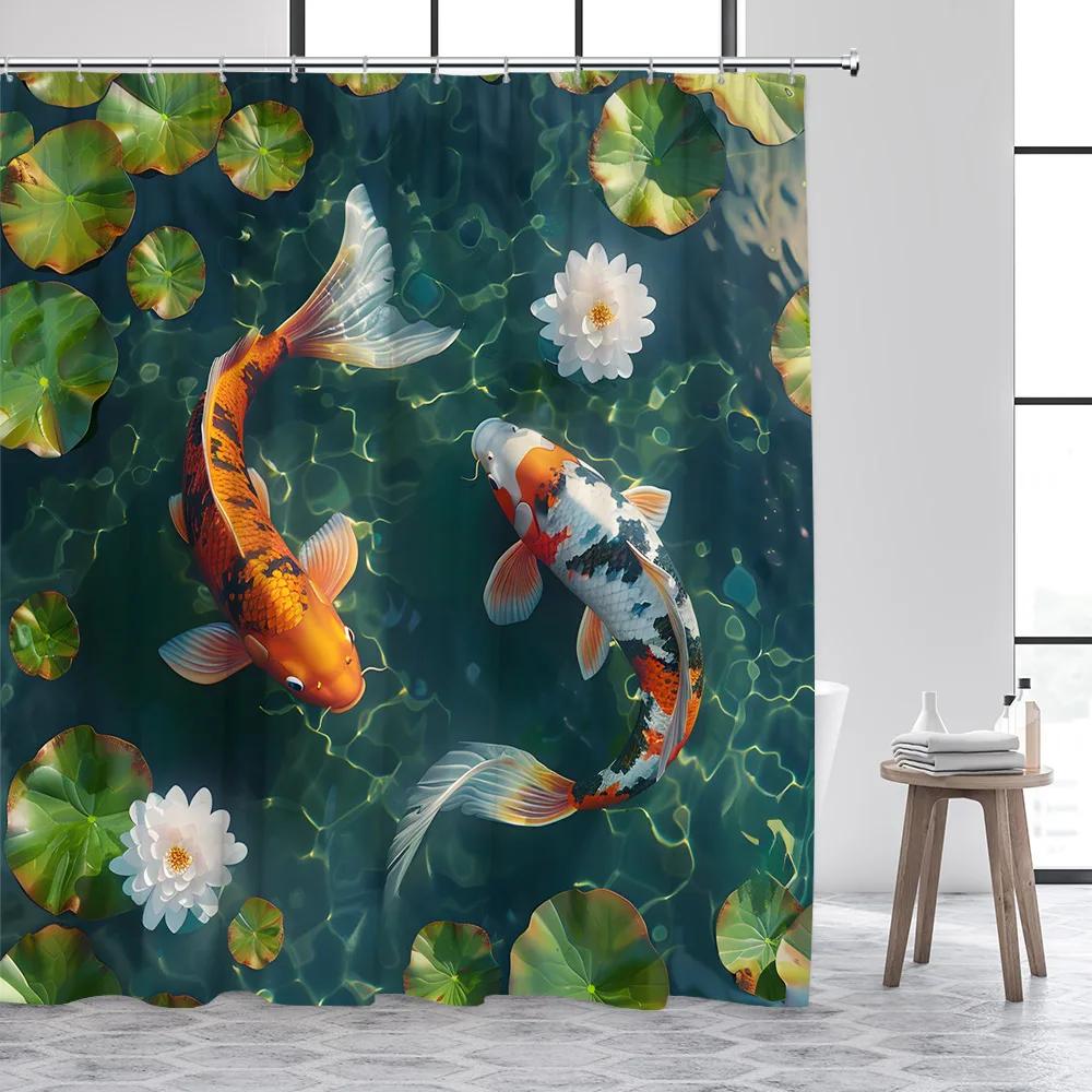 Japanese Style Koi Fish Shower Curtain White Lotus Green Leaves Lake Carp Floral Art Bathroom Decoration Polyester Bath Curtains
