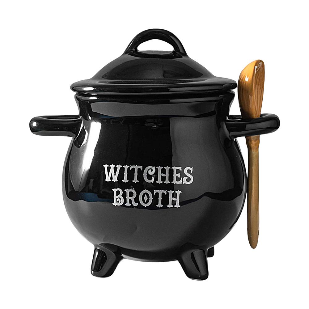 Witch Cauldron Witch soup pot ceramic bowl with soup spoon Halloween Ceramic Stew Crock black soup bowl For Family Gatherings