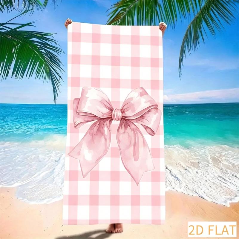 Tropical Plaid Bow Beach Towel Super Absorbent Quick Dry Microfiber With Cute Pink Bow Soft Sand Free Blanket For Summer Picnic