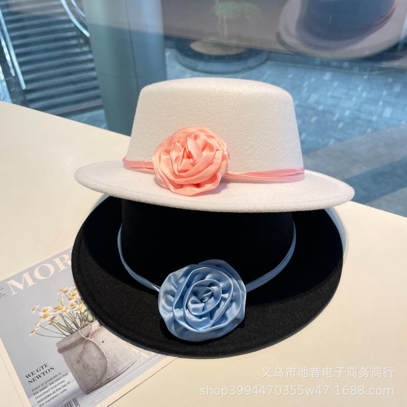 Rose flower strap flat top woolen top hat female autumn and winter warm sweet cute fashion versatile performance flat top hat