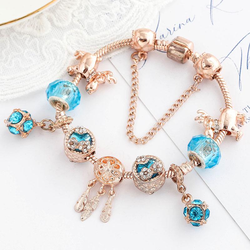 Pan's Blue Crystal Dream Catcher Rose Gold Ladies Bracelet