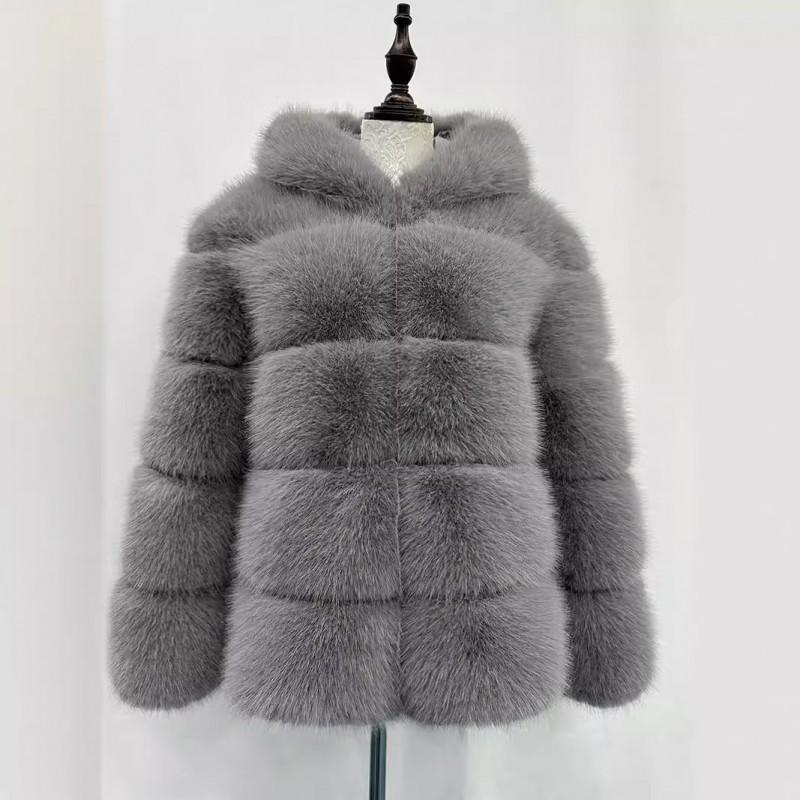 Womens Faux Fur Hooded Coat Winter Warm Casual Streetwear Jacket With Patchwork Design