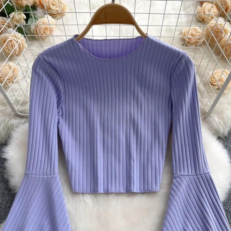 Hotsweet Elegance Casual Fashion Flaneled Sleeve Short O-Neck Slim T-shirt and Halenky Top Letní Podzimní Oblečení Pro Ženy Základní