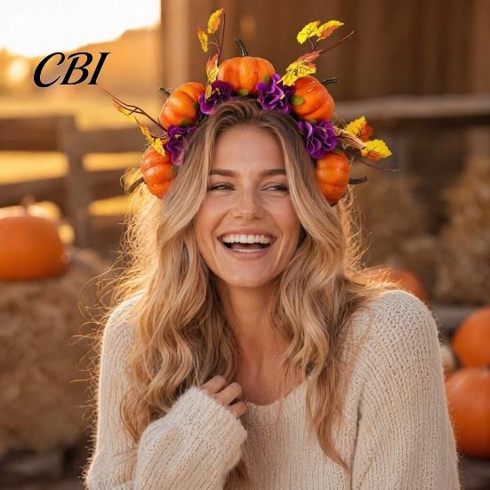 Bequemes Lang tragbares Stirnband Halloween Haarreif, Schwarz mit 3D Kürbis Herbstlaub Accessoire Rote Blumen, Universell Thanksgiving Tag Party