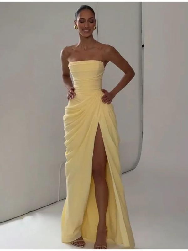 Solid Sexy Pleated Strapless Dress Women Chic Off-shoulder Backless High Waist Split Maxi Dresses 2026 New Evening Party Gown