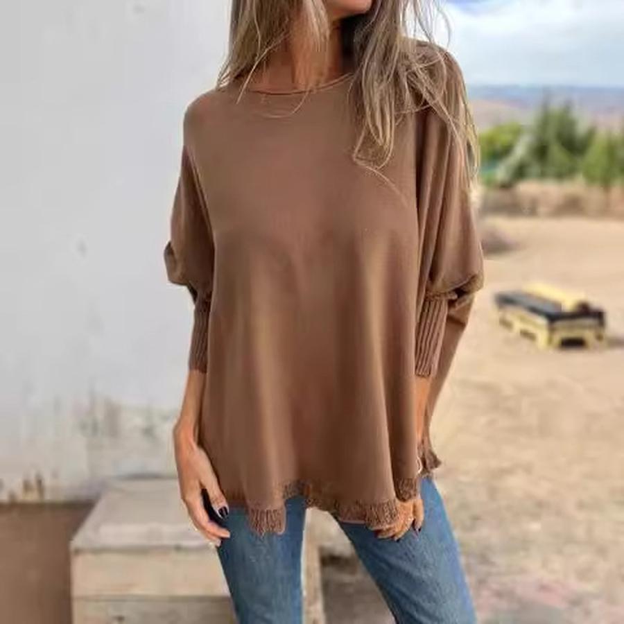 Oversized Long Sleeve Knit Top with Floral Lace Trim for Women - Autumn Winter