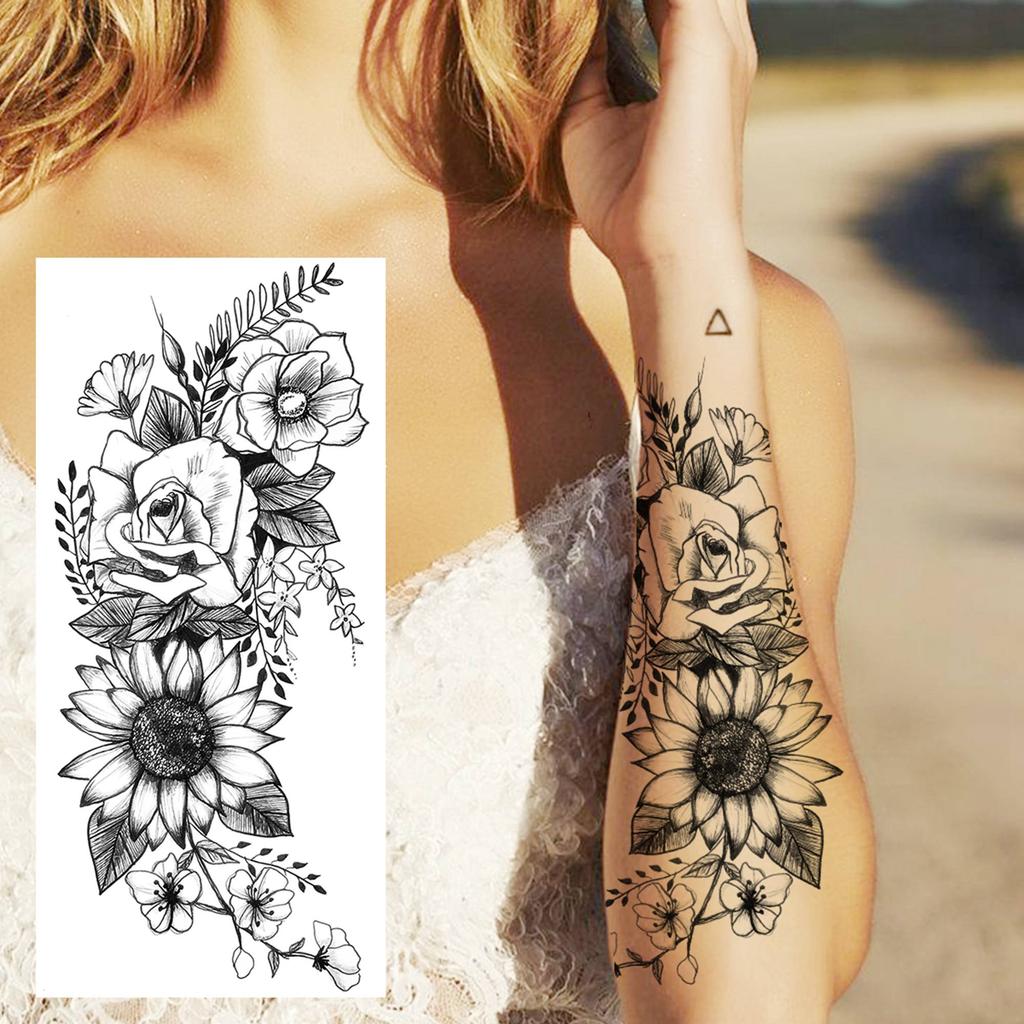1 Sheet Black Flower Temporary Tattoos For Women Girls Realistic Fake Flora Floral Peony Tattoo Sticker Body Art Painting Decal