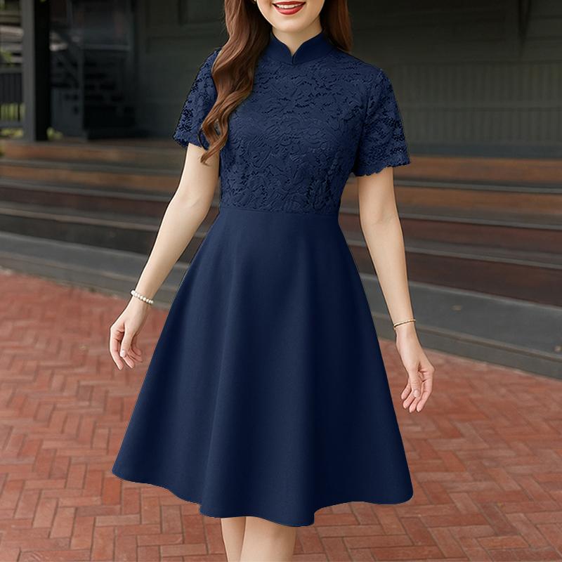 

ZANZEA Женское летнее повседневное платье с кружевной отделкой и короткими рукавами M тёмно-синий