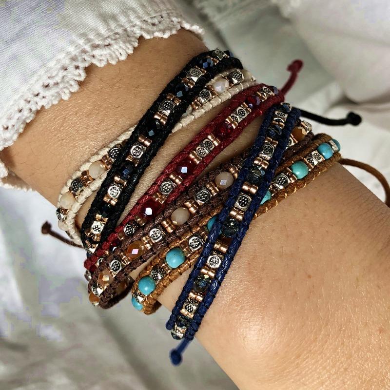 GemChic Women's Ethnic Colorful Rice Beaded Double Strand Braided Rope Stretch Bracelet Classical Retro Birthday Christmas Jewelry Gift