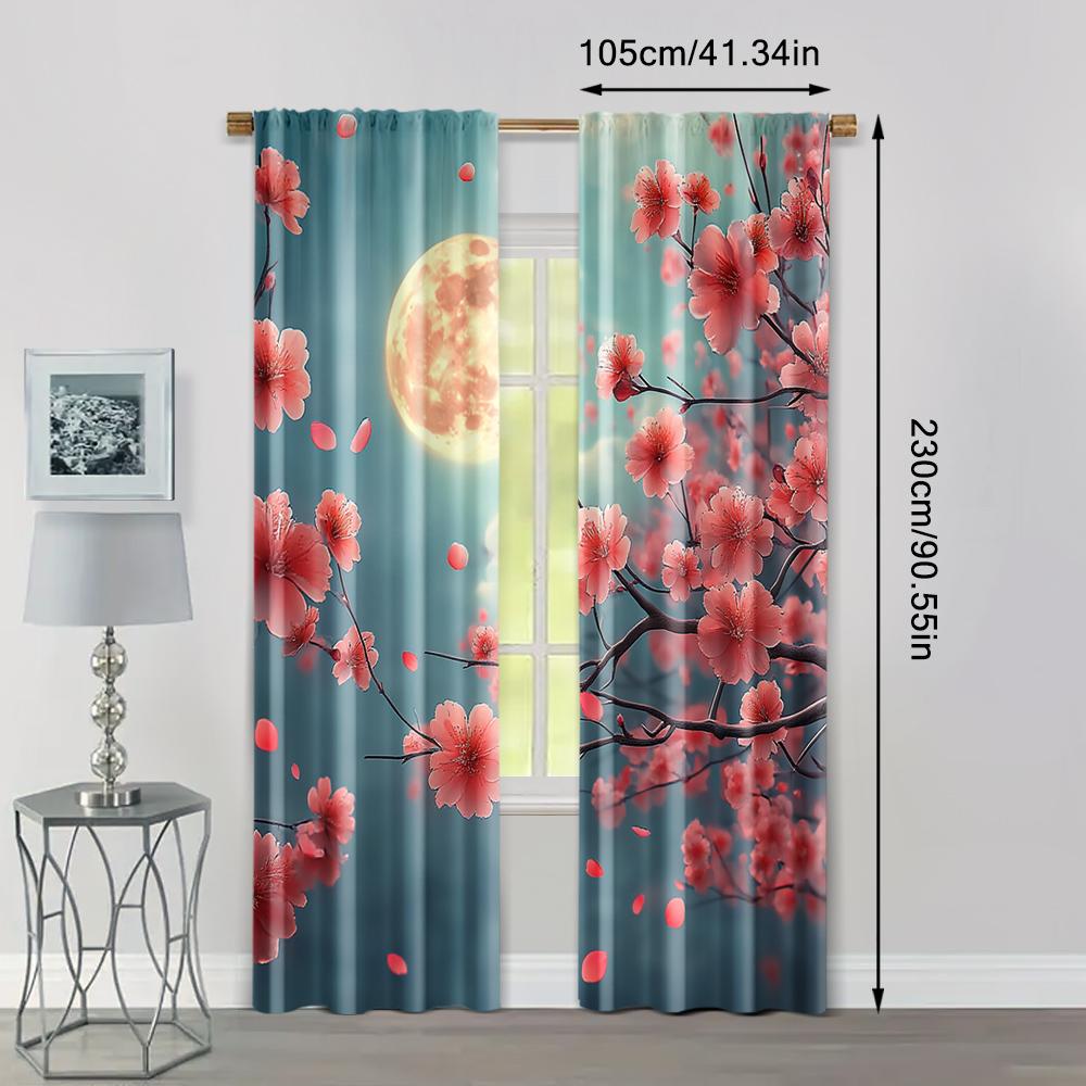 2pc, Party Curtains Cherry tree blue sky sun petals Machine Washable Polyester,Without Electricity Party Decorations Use for