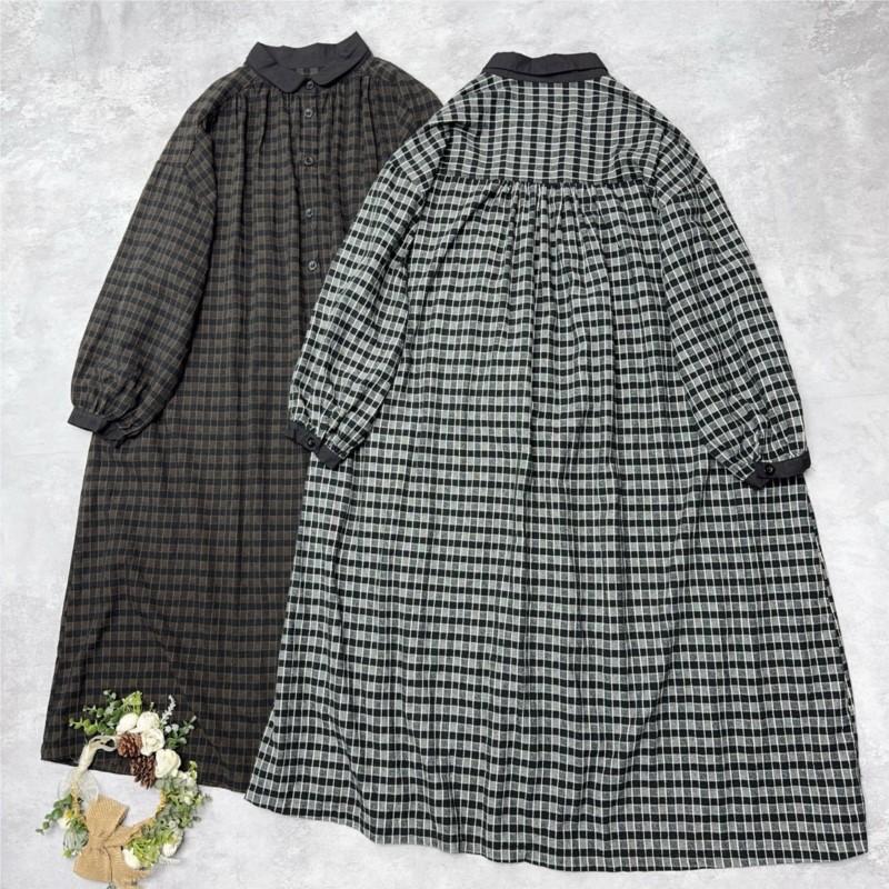 Johnature Japanese-style Color-blocked Collared Plaid Button-down Dress Spring Autumn Dresses