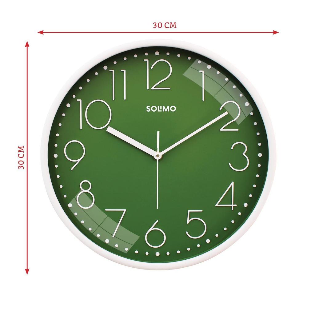 Plastové analogové nástěnné hodiny, Quartzový strojek, Tichý chod, Moderní embosovaný ciferník, Snadno čitelný ukazatel času (30 cm x 30 cm, zelená)