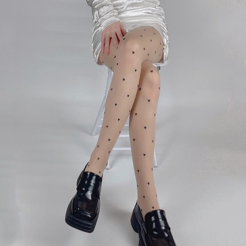 Women Sexy Ultra-Thin Sheer Silky Tights Japanese Sweet Bowknot Polka Dot Heart Printed See Through Pantyhose Stockings