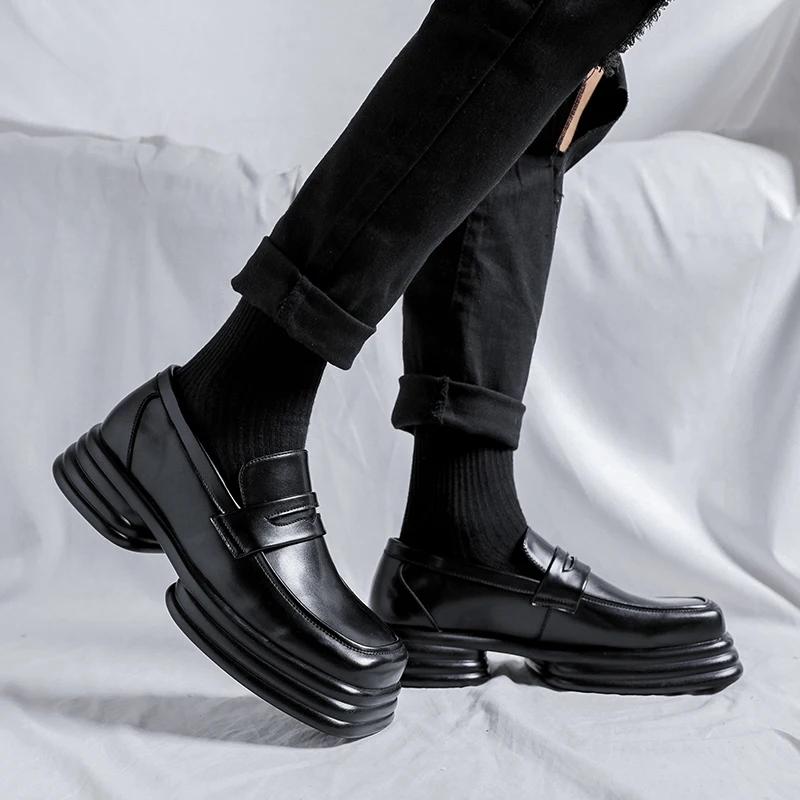 Men Square Toe Black Loafers Thick Sole PU Solid Color Mask Decoration Versatile Work Shoes Fashionable Business Men Shoes