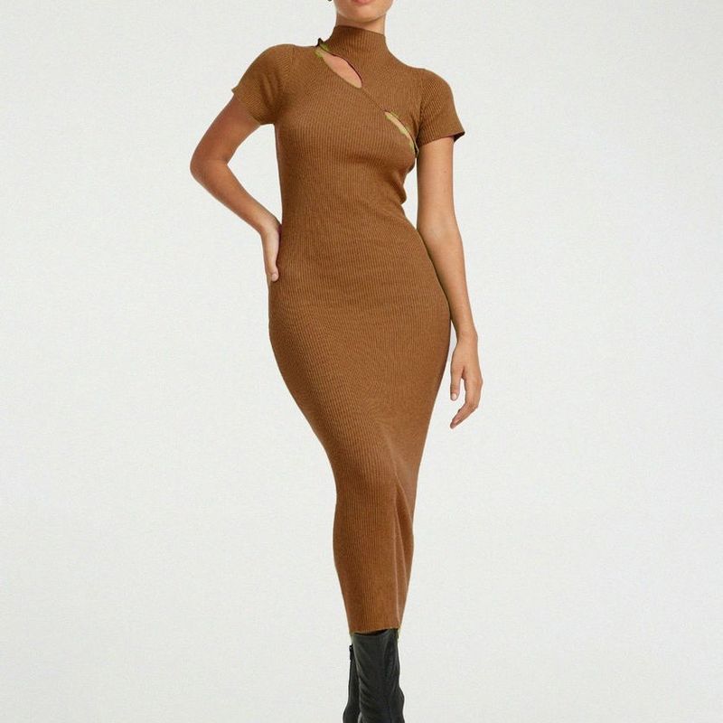 

Dignified Sense of Design European and American Women s Clothing Beautiful New Long Dress Cut Out Knitwear Silm Slim and Sexy Dress Dark brown S