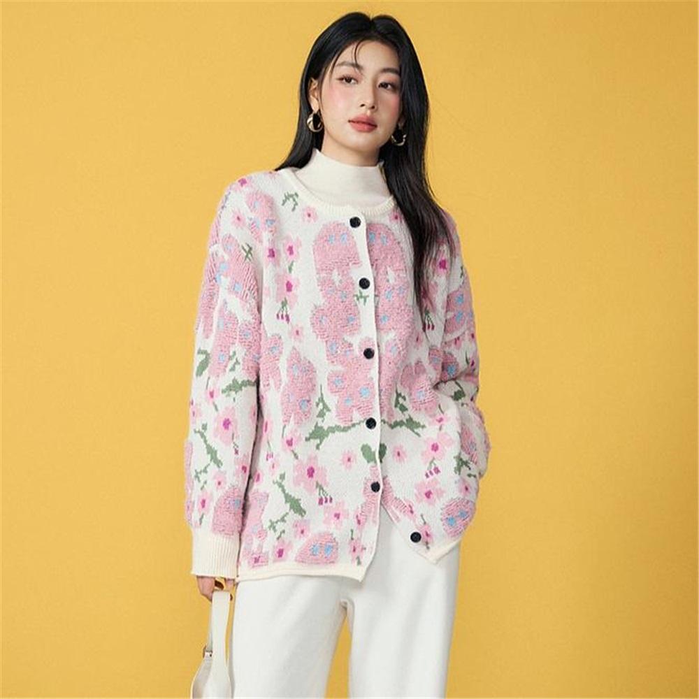 Sweaters Flower Coat Pink Cardigan Autumn Women Print O-Neck Bat Sweaters Knitting Loose Sweater Green